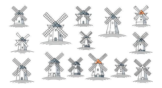 Large set of various traditional windmill icons and architectural drawings showing different styles and structures on a white background.