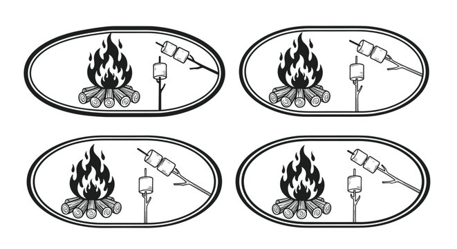 Set of four oval labels featuring a cozy campfire with logs and sticks roasting sweet marshmallows in an engraving style.