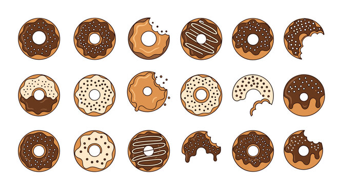 Collection of chocolate and caramel glazed donuts with various toppings and bite marks in a colorful pixel art style illustration.