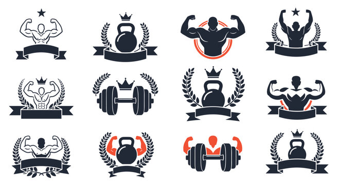 Collection of gym and fitness logos featuring bodybuilders kettlebells dumbbells and laurel wreaths in a strong graphic style.