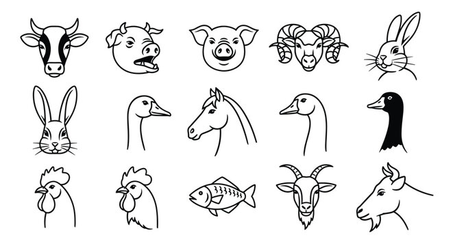 Line art set of farm animal heads including cow, pig, horse, goat, rabbit, sheep, goose, and fish for agricultural branding.