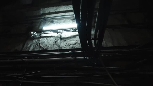 Dimly lit underground tunnel wall with a fluorescent tube casting cold illumination across rough concrete, as tangled utility cables and conduits reveal aging infrastructure.