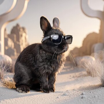 Cinematic close-up inspired by a National Geographic wildlife documentary, starting from the reference image of a white rabbit wearing sunglasses as it stands in a stylized natural-beige clearing