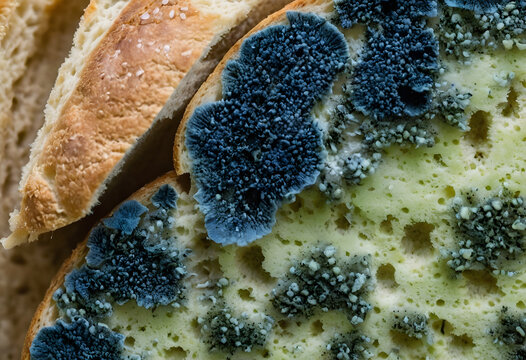Blue and green mold growing on bread surface