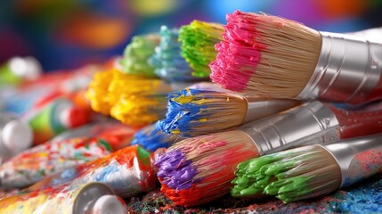 Fototapeta premium Close-up of colorful paint brushes and tubes, vibrant art supplies for creative painting and artistic expression
