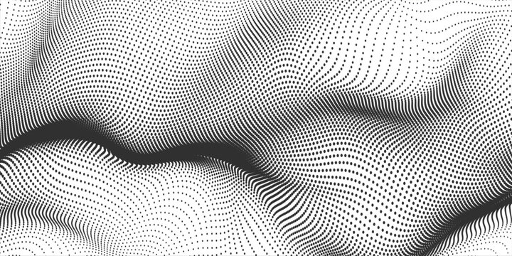 Black halftone dot wave pattern. Abstract grain fluid texture background. Dotted grit curve wallpaper. rasterized undulate swoosh overlay for poster, booklet, banner, brochure, flyer, leaflet. Vector