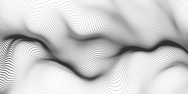 Black halftone dot wave pattern. Abstract grain fluid texture background. Dotted grit curve wallpaper. rasterized undulate swoosh overlay for poster, booklet, banner, brochure, flyer, leaflet. Vector