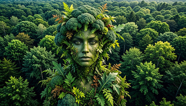 Mythic Portrait: Woman Emerging from Lush Forest Canopy