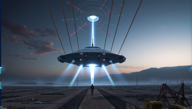 Sci-Fi Scene: Human Figure Under Hovercraft Parangon at Twilight