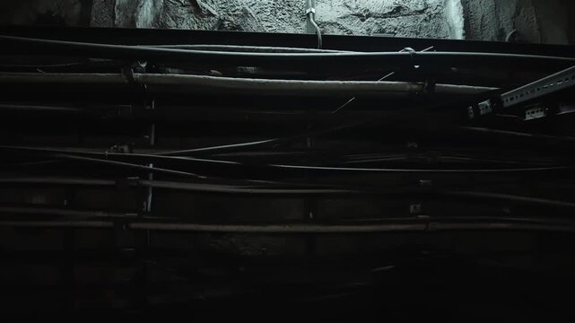 Dimly lit underground tunnel wall and ceiling with intertwined cables, metal conduits, and pipes secured by brackets across rough rock, revealing gritty industrial infrastructure.