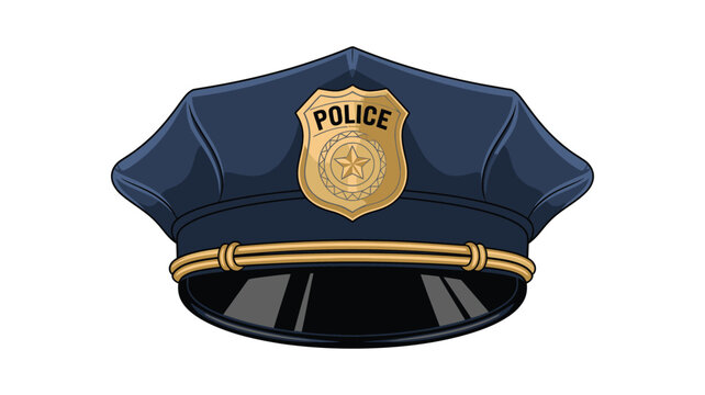 Police service cap illustration featuring dark blue uniform hat with gold badge emblem, structured design