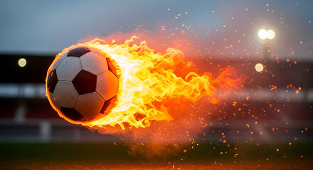 Naklejka premium A classic soccer ball ablaze with fire flies through a stadium at dusk.