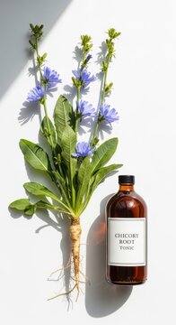 Chicory Root Tonic in Bottle with Fresh Plant and Blue Flowers on White Background