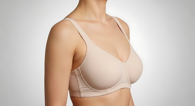 Close up of attractive woman wearing supportive beige bra emphasizing natural breast shape and comfortable everyday lingerie on light grey background.
