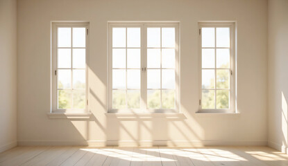 Fototapeta premium Three white modern windows in empty room with wooden parquet floor and warm sunlight, interior mockup.