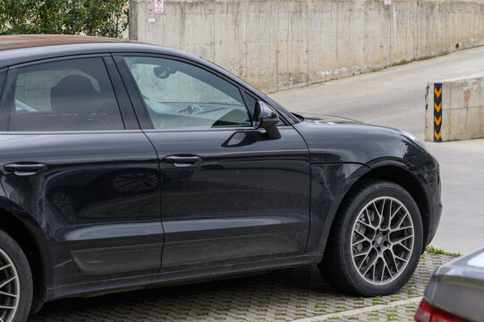 April 18, 2026, Tbilisi, Georgia Porsche Macan Compact Luxury Crossover SUV Parked Front View