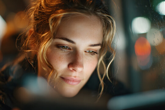 A woman immersed in the act of reading on her e-reader while seated on a subway train, displaying a focused and serene expression that reflects her enjoyment of literature during her daily commute
