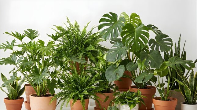 Various potted plants including ferns, palms, and monstera on a shelf indoors
