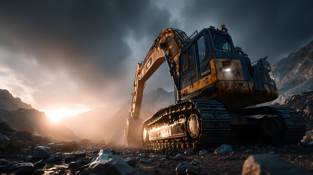 A heavy construction vehicle operates in a rugged mining environment long title A powerful excavator or front end loader navigates through a