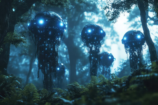 Glowing jellyfish-like creatures floating in a dark forest