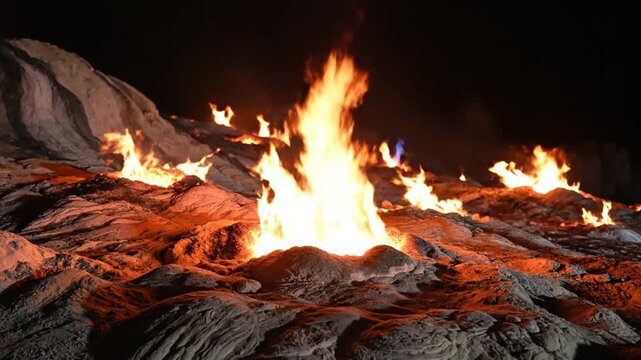 Fiery flames erupting from rocky terrain against a dark backdrop