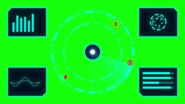 Futuristic radar screen with data displays on green screen a science fiction inspired interface a circular scan with targets, alongside various graphs and waveform