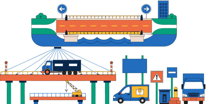Bridge construction and logistics flat vector illustration with construction transportation logistics delivery infrastructure engineering industrial shipping planning management development