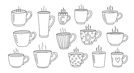 Fototapeta premium Line art illustration of various coffee and tea cups on transparent background