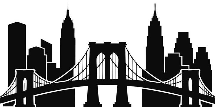Brooklyn bridge and new york city skyline silhouette graphic with cityscape silhouette buildings architecture landmark metropolis construction background business commercial structure