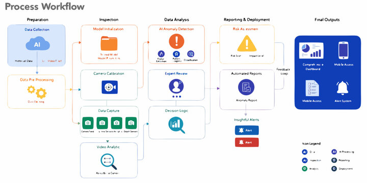 Artificial intelligence process workflow infographic with workflow automation infographic learning analysis technology pipeline technical development monitoring reporting deployment