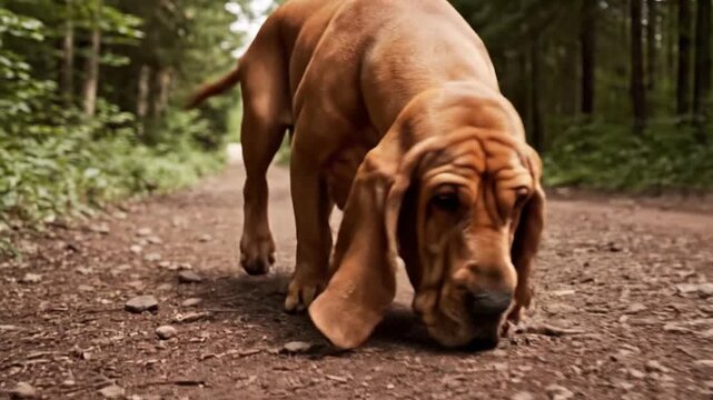 Low-angle close-up of a bloodhound dog sniffing along a forest trail, with its long ears hanging close to the ground as it tracks a scent through a natural woodland environment.