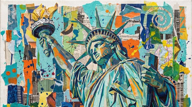 Iconic Statue of Liberty in a Vibrant, Abstract Collage Style