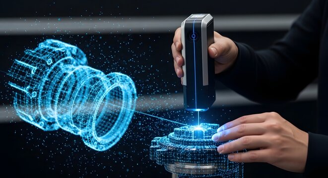 Engineer uses advanced handheld laser 3d scanner to digitally map a complex industrial mechanical component with glowing blue holographic wireframe visualization