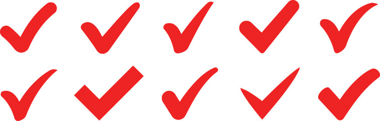 Collection of red check mark icons on a light background © MstAptera