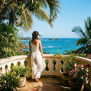 Woman in white jumpsuit standing on stone balcony overlooking turquoise ocean with palm trees