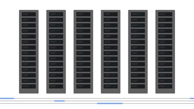 Multiple server racks are arranged in a row within a data center environment