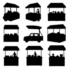 Obraz premium Silhouettes of Various Street Food Stalls and Market Stands Set