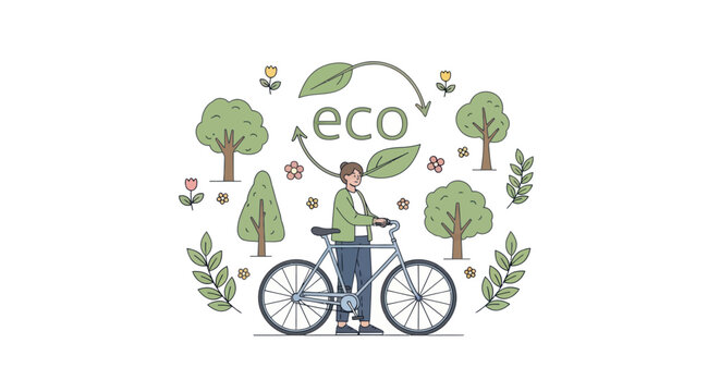 Man Riding Bicycle With Eco Leaves.