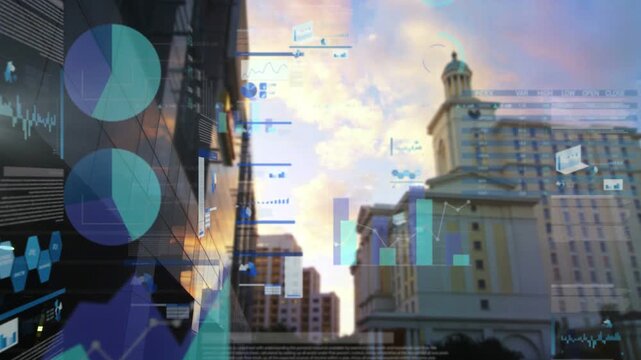 Glass facade and tower receiving HUD charts emerging left, forming dashboard showing data at sunset