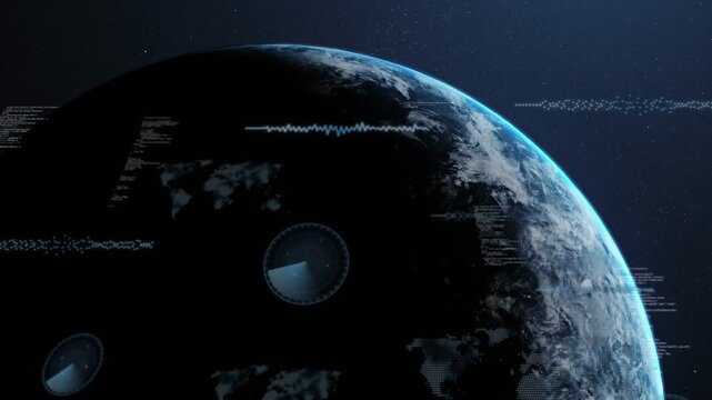Earthlike planet filling right side scan starting HUD radars sweeping revealing surface for space
