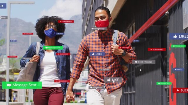 Couple walking toward camera on city sidewalk, emitting marketing UI labels around masked pair