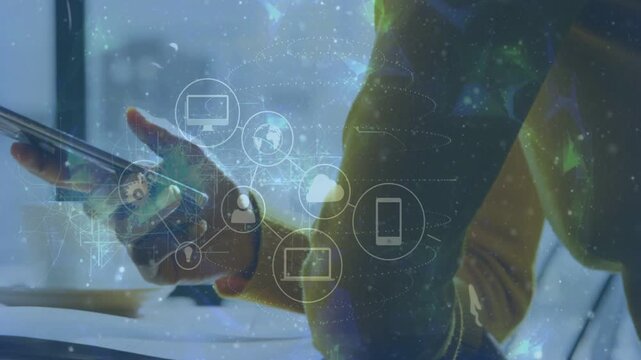 User tapping smartphone, lifting phone by window and causing cloud icons networking for tech access