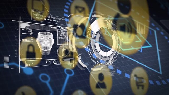 Drifting tokens on grid initiating network ring rotating, panel sliding showing 3D head biometrics