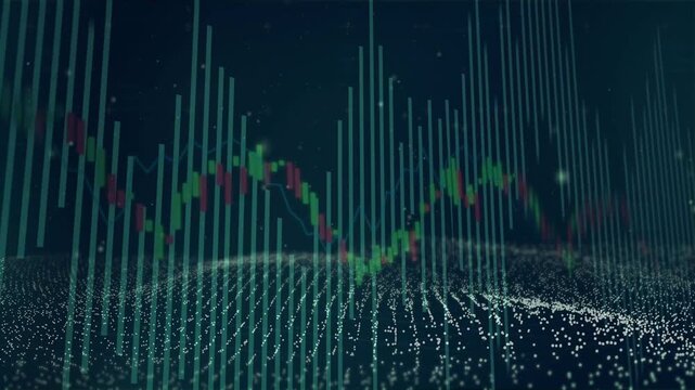 3D graph animating on play, candlestick pulsing, bars shifting, particle grid rippling for finance