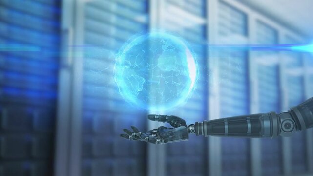 Vertical video: Entering robot arm lifting palm in server room, forming blue holo globe for monitor