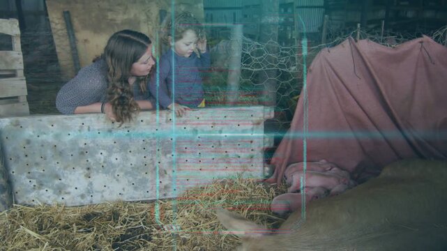 Adult female guiding child, leaning on pen in barn, observing pig while HUD scanlines sweeping
