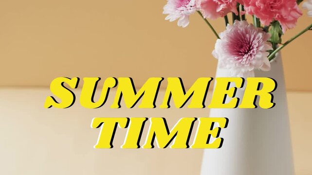 Vase sliding, pink flowers showing on table as SUMMER TIME text staying centered for marketing