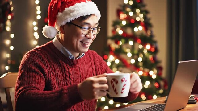 Man wearing santa hat using laptop near decorated christmas tree