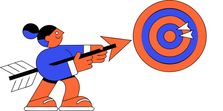 Woman shooting arrow at target illustration with strategy business objective accuracy illustration abstract bullseye precision performance achievement direction minimalist metaphor