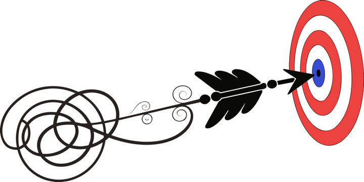 Stylized arrow flying towards target bullseye with hitting the mark white background bullseye dartboard objective accuracy precision direction competition strategy planning illustration